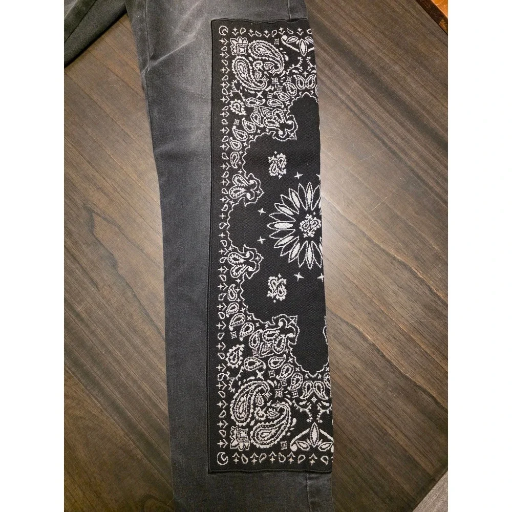Rebel Vengeance Mens Black Faded Paisley Bandana Patchwork Skull Jeans Size 30